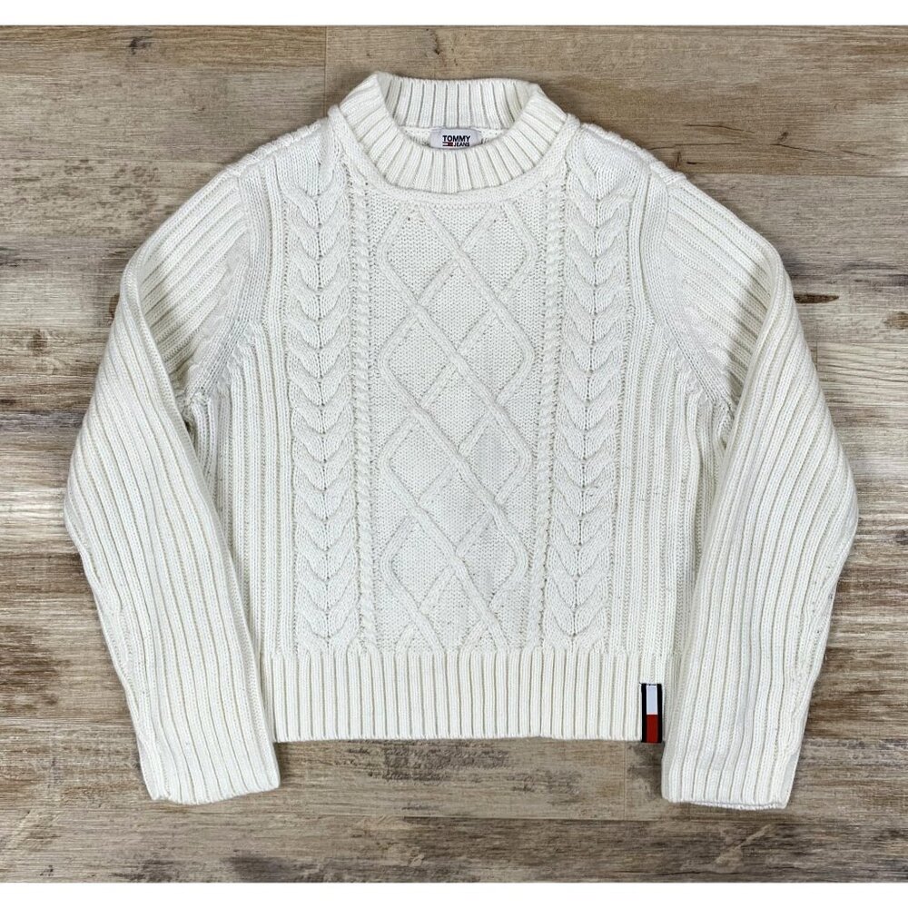 Tommy Jeans Soft White Cableknit Crewneck Sweater Size Large
